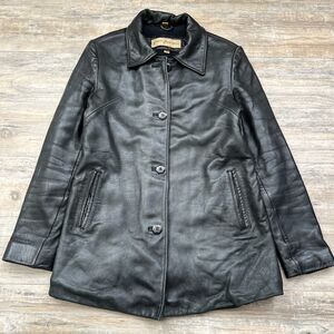Rem Garson Leather Black Jacket Coat Button Up Small Mid Length Fitted 90s